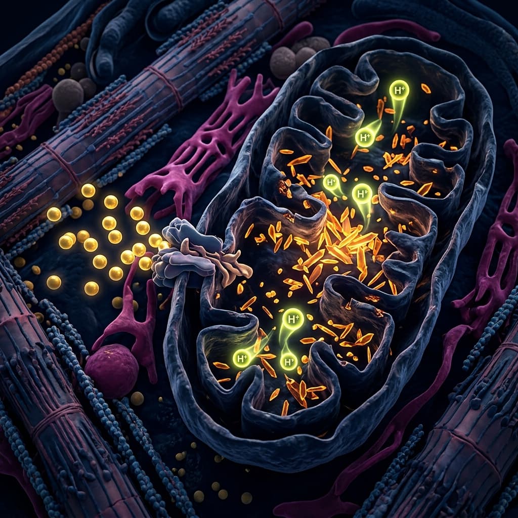 Visualización 3D médica de la mitocondria en el miocito con acumulación de protones H+ y bloqueo de entrada de ácidos grasos.