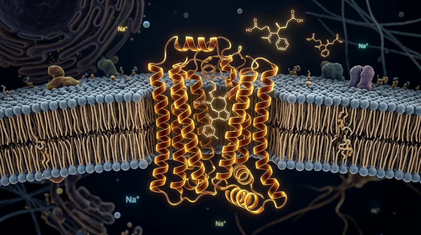 Visualización biomédica 3D del transportador hepático OATP1B1 codificado por el gen SLCO1B1 interactuando con moléculas de estatinas en la membrana celular