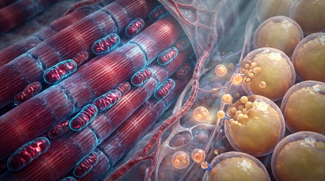 Microscopía biomédica 3D: Mitocondrias en fibra muscular esquelética vs señalización de lipólisis en adipocitos