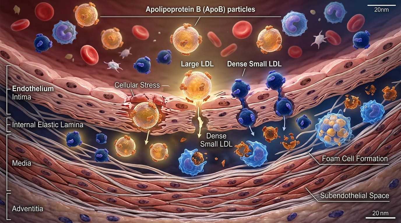 Corte microscópico 3D de una arteria coronaria mostrando partículas de Apolipoproteína B (ApoB) y LDL pequeño y denso penetrando el endotelio hacia el espacio subendotelial.