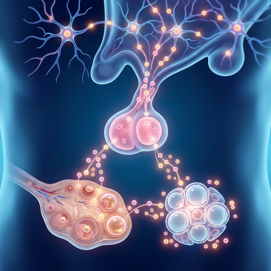 Renderización 3D médica: Eje hipotálamo-hipófisis-ovárico-tiroideo y señalización por neuropéptidos en la mujer.