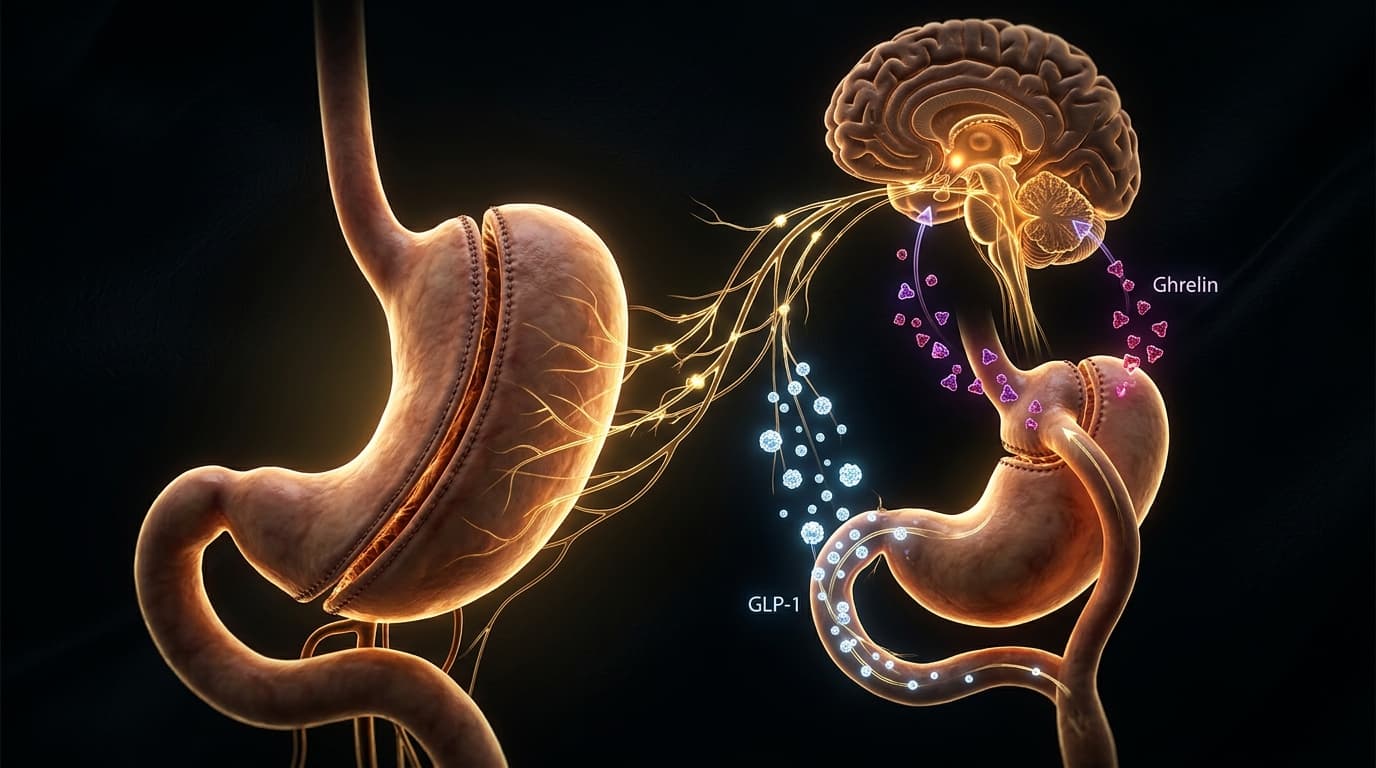 Visualización biomédica 3D: Anatomía de manga gástrica y bypass conectadas al eje neuroendocrino cerebral mediante hormonas GLP-1 y grelina