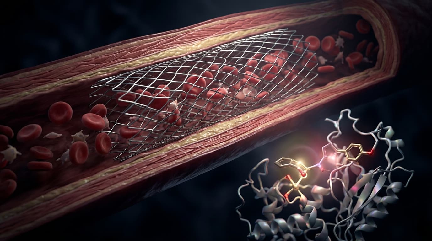 Visualización biomédica 3D: Lumen arterial coronario con stent metálico expandido y estructura enzimática del citocromo CYP2C19 bioactivando el profármaco clopidogrel