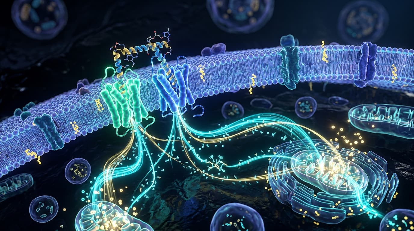 Visualización biomédica 3D: Co-activación sinérgica de receptores GLP-1 y GIP en membrana celular estimulando vías metabólicas de saciedad y termogénesis