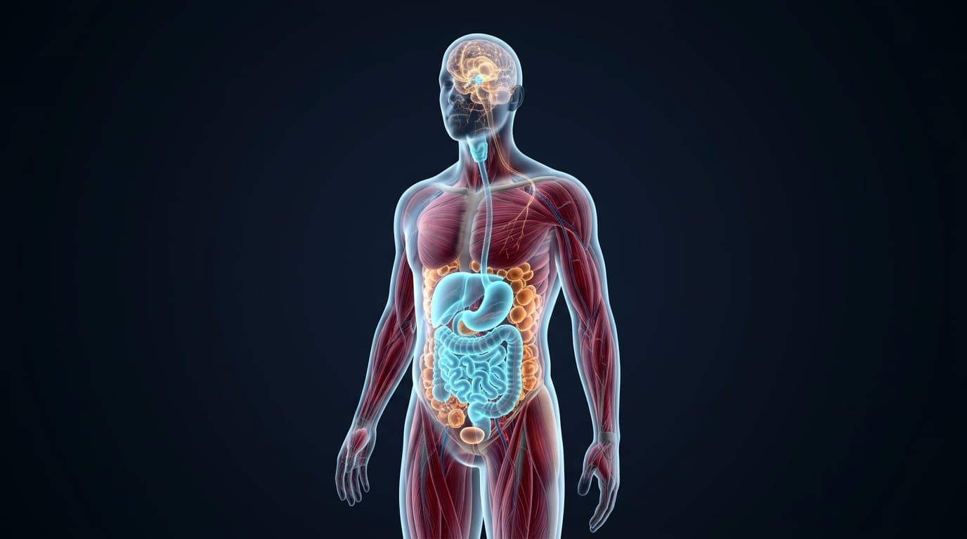 Render biomédico 3D del eje cerebro-gastrointestinal y metabolismo energético en terapia GLP-1