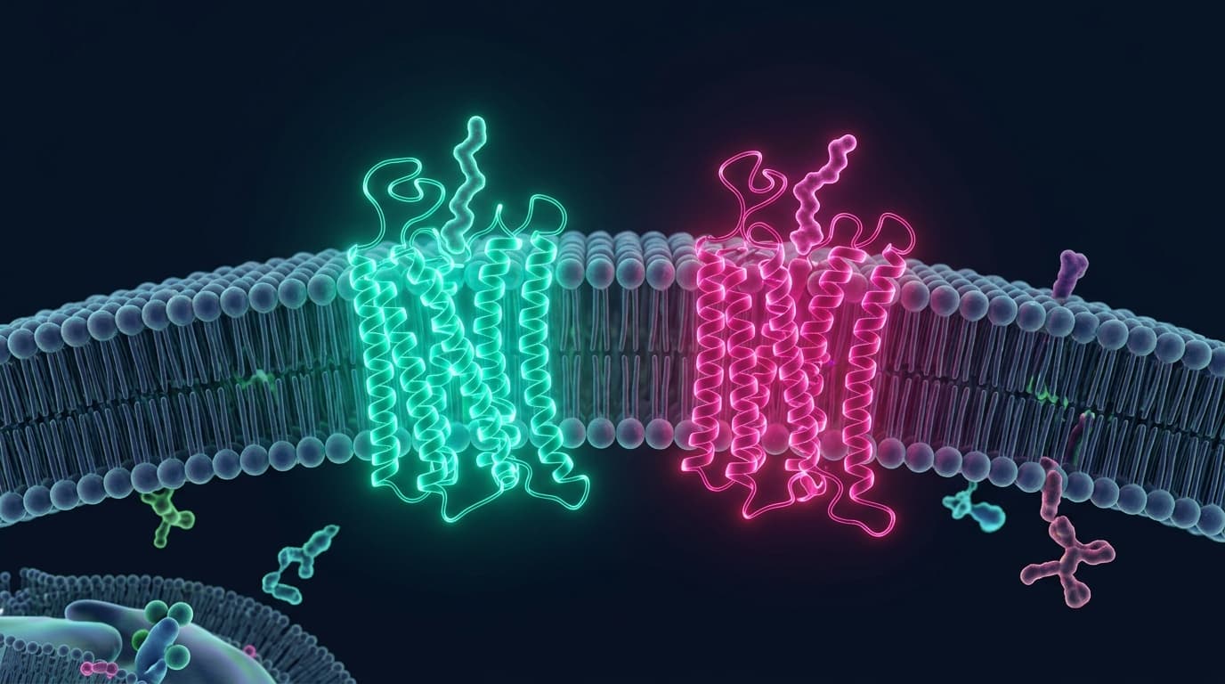 Render 3D de receptores incretínicos GLP-1 y GIP en membrana celular