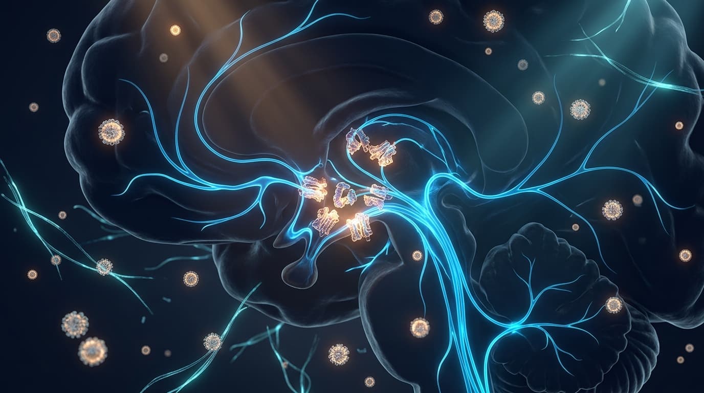 Ilustración biomédica 3D sobre la memoria neuroendocrina del hambre y receptores hipotalámicos