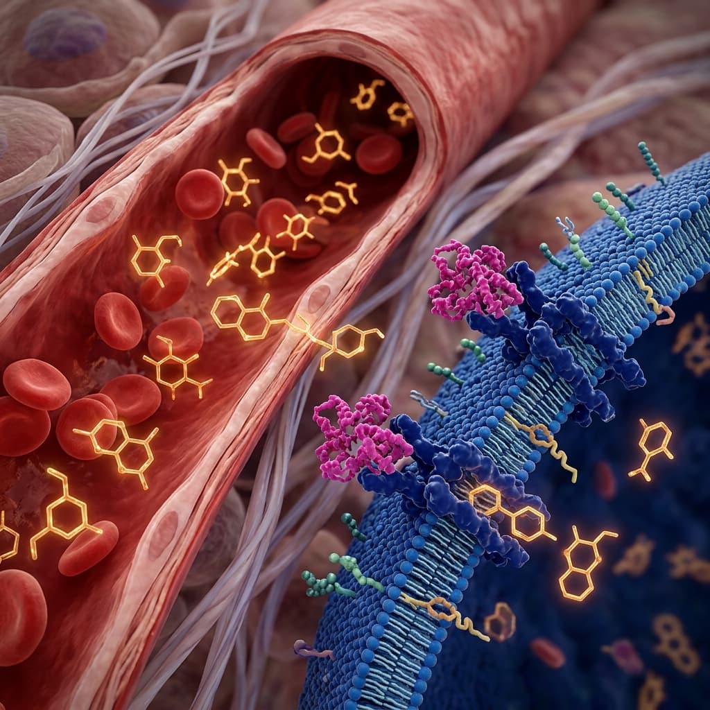Renderización 3D médica: Moléculas de glucosa entrando al torrente capilar y receptores de insulina acoplándose a la membrana celular.